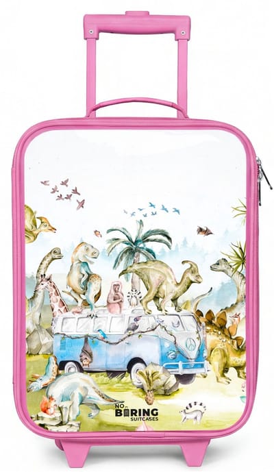 NoBoringSuitcases.com® - Kinderkoffer roze - Kindertrolley meisje - Busje met dino's - Koffer kind lichtgewicht - Reiskoffer trolley voor kinderen - Koffertje met lichtgevende wieltjes - Rolkoffer