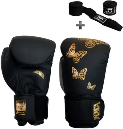 Joya Butterfly Kickbokshandschoenen voor Kinderen - 4 oz – Zwart/Goud – Synthetisch Leer – Optimale Schokabsorptie – Inclusief Bandage - Joya Fight Gear