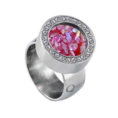 Quiges RVS Schroefsysteem Ring met Zirkonia Zilverkleurig Glans 16mm met Verwisselbare Roze Vlokjes Schelp 12mm Mini Munt