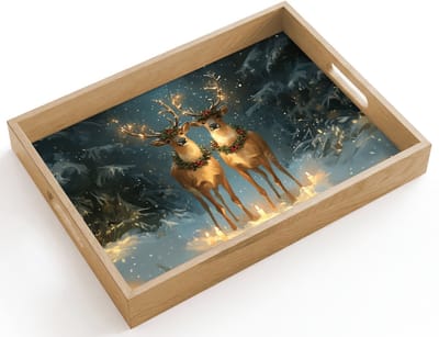 Dienblad hout 40x30 cm - Schootdienblad - Dennensprookje - Rendier - Nacht - Borrelplank rechthoek - Plateau dienbladen