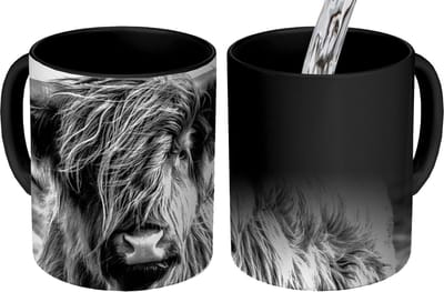 Magische Mok - Foto op Warmte Mokken - Koffiemok - Schotse hooglander - Natuur - Koe - Zwart - Wit - Magic Mok - Beker - 350 ML - Theemok