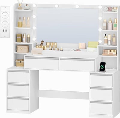 Sierra, Grote Kaptafel met 3 Kleuren Ledverlichting, Make-uptafel met Spiegel en Verlichting, Stopcontacten, Haardrogerhouder, 8 Laden, Meerdere Open Opbergruimtes, 40 × 135 × 145,2 cm, Wit-Zilver