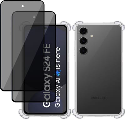 Hoesje + 2x Privé Screenprotector geschikt voor Samsung Galaxy S24 FE – Privacy Tempered Glass - Case Transparant