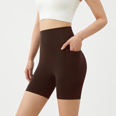 Dames yogashort-hoog taille-naadloos-heupvormend-met zakjes-buiten sporttraining-fitnessshort-draagbaar buitenhuis-Koffiebruin— S