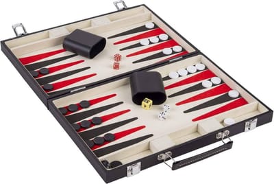 Backgammon Set - Backgammon Koffer - Leer - Zwart & Rood - Reiseditie