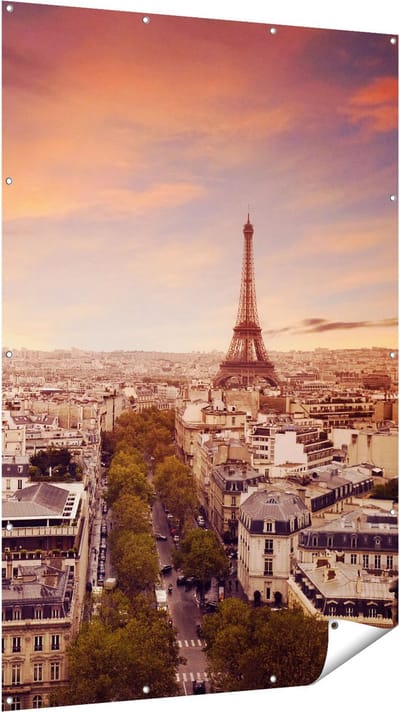 Gards Tuinposter Skyline Parijs met Eiffeltoren - 120x180 cm - Tuindoek - Tuindecoratie - Wanddecoratie buiten - Tuinschilderij