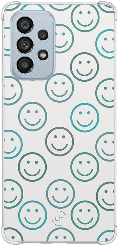 Shockproof hoesje - Geschikt voor Samsung Galaxy A53 - Happy faces - Extra sterke case - TPU/polycarbonaat - Print / Illustratie - Blauw, Transparant