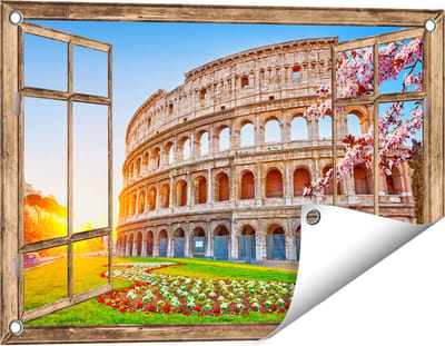 Gards Tuinposter Doorkijk Colosseum bij Zonsopgang in Rome, Italië - 60x40 cm - Tuindoek - Tuindecoratie - Wanddecoratie buiten - Tuinschilderij