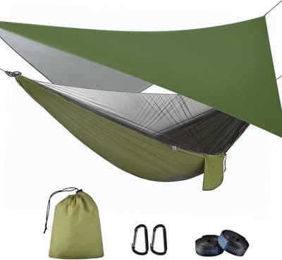 Famanu – Hangmat met muggennet en tentzeil voor op reis, camping, ultralicht en ademend, belastbaar tot 200 kg, 290 x 140 cm
