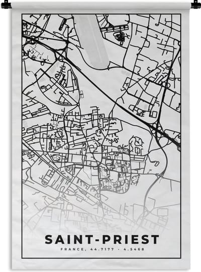 Wandkleed - Wanddoek - Plattegrond – Saint-Priest - Kaart – Frankrijk – Stadskaart - Zwart wit - 120x180 cm - Wandtapijt