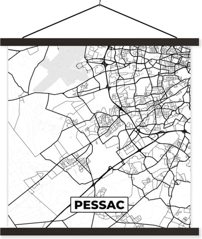 Posterhanger incl. Poster 60x60 cm - Schoolplaat - Kaart - Stadskaart - Pessac - Frankrijk - Plattegrond - Zwart wit - Textielposter - Zwarte latten - Stadskaart