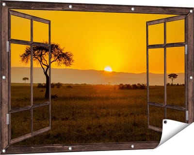 Gards Tuinposter Doorkijk Zonsopgang in de Savanne met een Boom - 120x80 cm - Tuindoek - Tuindecoratie - Wanddecoratie buiten - Tuinschilderij