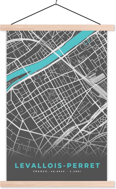 Posterhanger incl. Poster 40x60 cm - Schoolplaat - Levallois-Perret - Stadskaart - Kaart - Plattegrond - Frankrijk - Textielposter - Blanke latten - Stadskaart