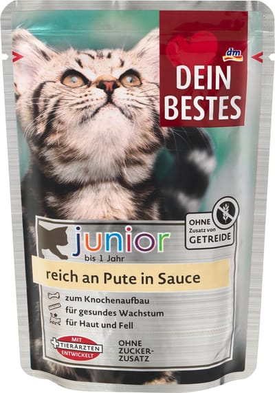 Dein Bestes Katten natvoer - Natvoer voor katten, Junior, rijk aan kalkoen in saus, 100 g