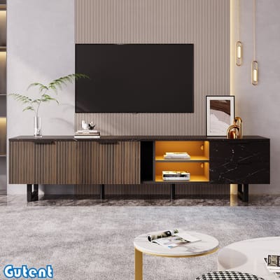 Gutent TV-kast - Zwart - Deuren met donkere houtnerf - Verstelbare LED-verlichting - Twee deuren en twee laden