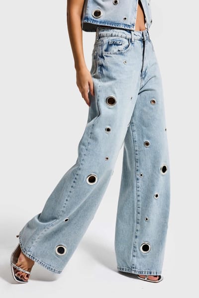 It's Basic - EYELET BAGGY MID RISE JEANS - ICE BLUE