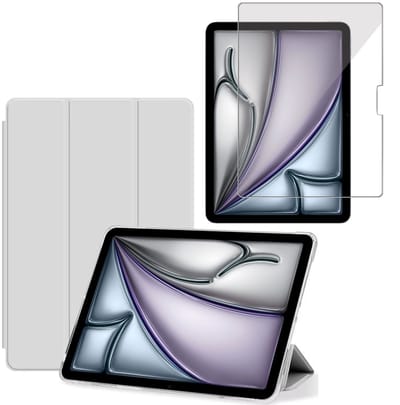 TechNow Hoesje + Screenprotector geschikt voor iPad Air 2024 / 2025 (11 inch) Hoesje – Glas - Extreme Shock Case – Smart Case - Grijs