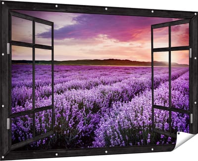 Gards Tuinposter Doorkijk Bloemenveld met Paarse Lavendel - Bloemen - 180x120 cm - Tuindoek - Tuindecoratie - Wanddecoratie buiten - Tuinschilderij
