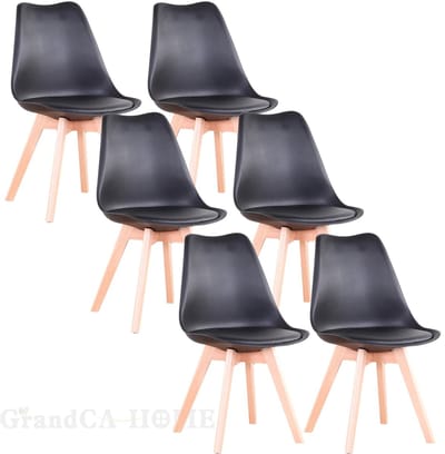 NaevaMi Eetkamerstoelen - Eetkamerstoelen Set van 6 - Eetkamerstoelen met Houten Poten - Modern en Minimalistisch - Pu Gewatteerde Zitting - Beukenhout Benen - Nordic Stoel Voor Keuken Woonkamer/Eetkamer - Zwart