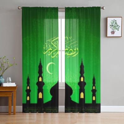 Ramadan Al Kareem Groen Transparant Gordijn Voor Woonkamer Slaapkamer Voile Gordijnen Voor Raam Organza Gordijnen Feest Tule Draperieën 135W x 114H(cm) green