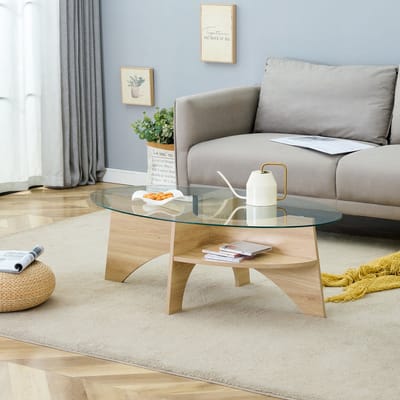 Salontafel - 104.9 × 60 cm - Ovaal Veilig Glas met Fächer Onderstel en Opbergruimte - Modern Design - Glas MDF - Wit