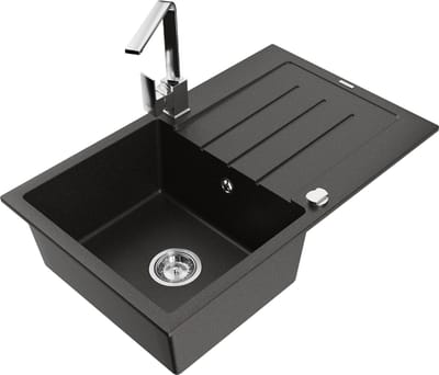 Mexen Bruno granieten spoelbak met 1 bakje en afdruiprek en keukenmengkraan Rita, zwart/goud metallic - 6513-75-670300-00