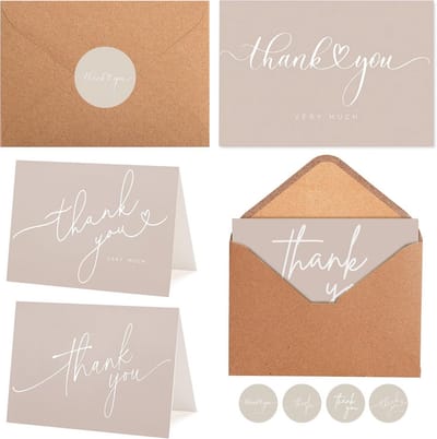 100 Stuks Bedankkaarten Set met Enveloppen en Stickers - 4 Minimalistische Designs Blanco Kaarten