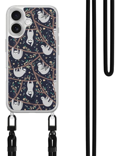 Hoesje met koord geschikt voor iPhone 16 - Luiaard print - Inclusief zwart koord - Crossbody beschermhoes - Transparant, Beige - Mooie Telefoonhoesjes