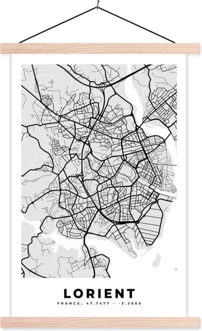 Posterhanger incl. Poster 40x60 cm - Schoolplaat - Frankrijk - Lorient - Stadskaart - Plattegrond - Kaart - Textielposter - Blanke latten - Stadskaart