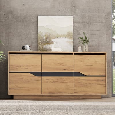 Dressoir - 140 x 40 x 70 cm - 3 Deuren met Verstelbare Planken - Greeploos Ontwerp - Houtmateriaal - Naturel/Zwart
