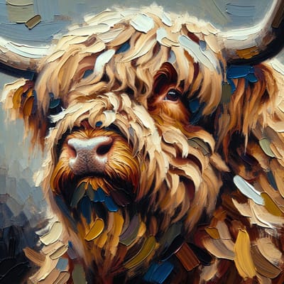 Olieverf schotse hooglander schilderij | Majestueuze Schotse Hooglander vereeuwigd in levendige olieverf kunstwerk | Kunst - 80x80 centimeter op Dibond | Foto op Dibond