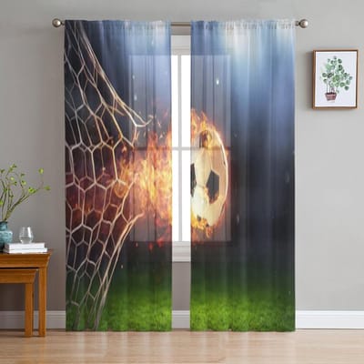 Abstract Voetbalveld Met Doelnet En Vurige Vlammen Op Gras Tule Transparante Gordijnen voor Woonkamer Decor Voile Organza Gordijn 135W x 114H(cm) black