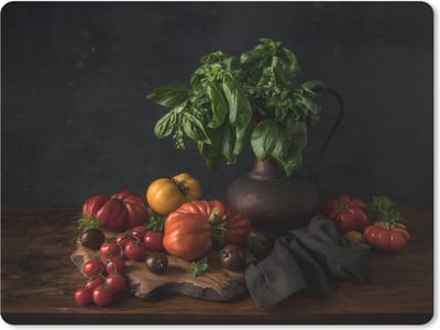 Muismat Stilleven Eten - Stilleven met tomaten en basilicum muismat rubber - 23x19 cm - Muismat met foto
