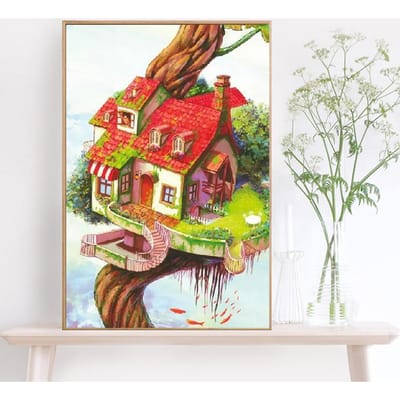 Diamantschilderij met ronde stenen huis diamantmozaïek volledige lay-out boom woondecoratie 20X30CM brown