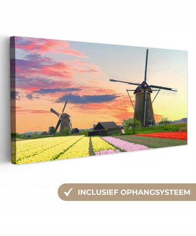 Canvas schilderij 40x20 cm - Wanddecoratie Tulpen - Windmolen - Natuur - Muurdecoratie woonkamer - Slaapkamer decoratie - Kamer accessoires - Schilderijen op canvas