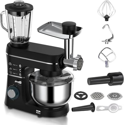 5-in-1 multifunctionele staande mixer, 1400W, 6 snelheden, kantelbare kop, vleesmolen, 10L roestvrijstalen kom, met deeghaak, mengklopper, garde, 1,5L sapbeker black