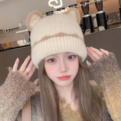Koreaanse Versie van Herfst en Winter Nieuwe Leuke Oormuts voor Vrouwen Japanse Gebreide Wolmuts voor Winter Warm Grote Hoofdomtrek Koude Hoed average size