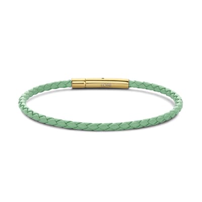 CO88 Collection 8CB-90910 Stalen Armband - Dames - Leer - Gevlochten - 18.5 cm - Groen - 3 mm - Goudkleurig