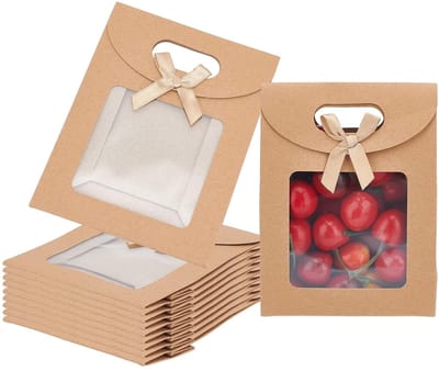 DIY 12 stuks Kraft papieren zakken met venster Staande cadeauzak met handvatten Bruine cadeauzak met transparant venster voor snoep, koekjes, verpakking, bruiloft, kerst, feest, winkel, detailhandel, （bruin）
