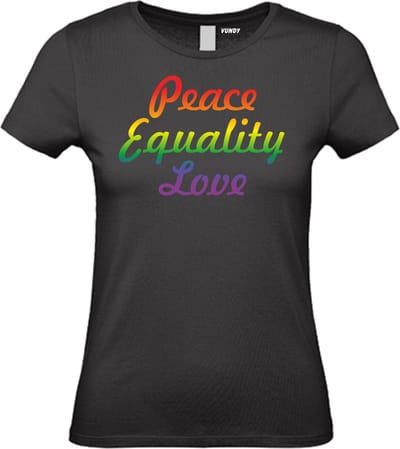 Dames T-shirt Peace Equality Love | Gay pride shirt kleding | Regenboog kleuren | LGBTQ | Zwart dames | maat XS