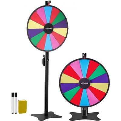 VEVOR Wheel of Fortune (61 cm) 14-vaks Wheel of Fortune met standaard, in hoogte verstelbaar, loterijspellen winnende roulette met schoolbordwisser en 2 stiften, 6 kleuren, ideaal voor feesten, pubs, beurzen