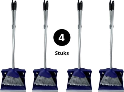 Synx Tools Hotel stoffer en blik met lange stee - 4 Stuks - Stoffer & Blik - 95 cm Blauw Kunststof - Stoffer Blik set sluitend model - Schoonmaak artikelen - Bezem / Veger en blik met lange steel