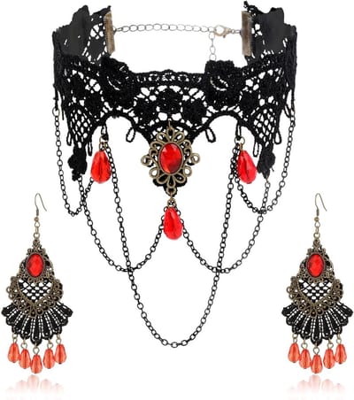 Gothic choker en oorbellen set met zwarte en rode kristallen, vintage accessoires voor Halloween en vampier kostuums, perfect voor feesten en evenementen