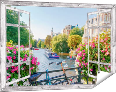 Gards Tuinposter Doorkijk Amsterdamse Kanaal met Bloemen - 120x80 cm - Tuindoek - Tuindecoratie - Wanddecoratie buiten - Tuinschilderij