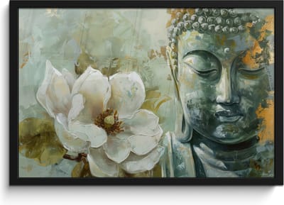 Poster in lijst - Fotolijst 60x40 cm - Posters - Boeddha - Groen - Lotusbloem - Wit - Posterlijst zwart - Decoratie - Wanddecoratie woonkamer - Muurdecoratie slaapkamer