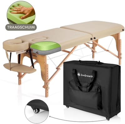 ZenGrowth® Gavia Massagetafel Beige – Traagschuim matras - Incl. Draagtas met wielen – 213cm x 70cm – Hoogte verstelbaar 60 tot 89 cm – Behandeltafel