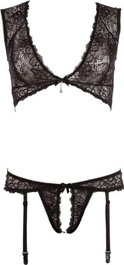 Cottelli Collection – Erotische Jarretel Lingerie Set met Open Kruis en Afgewerkt Strass Stenen voor Ultieme Verleiding – Maat L - Zwart