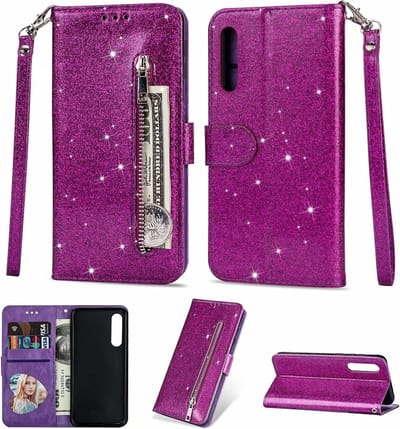 Portemonnee Hoesje - Wallet Case - Rits Sparkly Glitter - Telefoonhoes met Kord Geschikt voor: Samsung Galaxy A01 - Paars