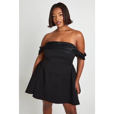 boohoo Dames Plus Fluweel Bardot Minijurk | Zwart | Maat: 44