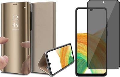 Hoesje geschikt voor Samsung Galaxy A33 - Book Case Spiegel Wallet Cover Hoes Goud - Tempered Glass Privacy Screenprotector